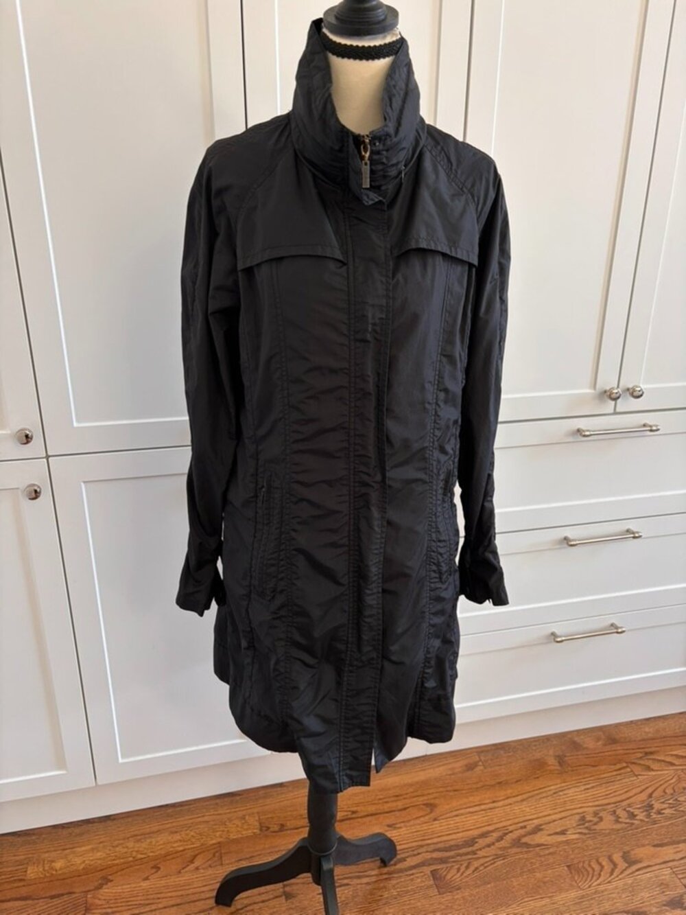 Cole Haan Nylon Trench Coat Size M Ruched Funnel Neck Drawstring